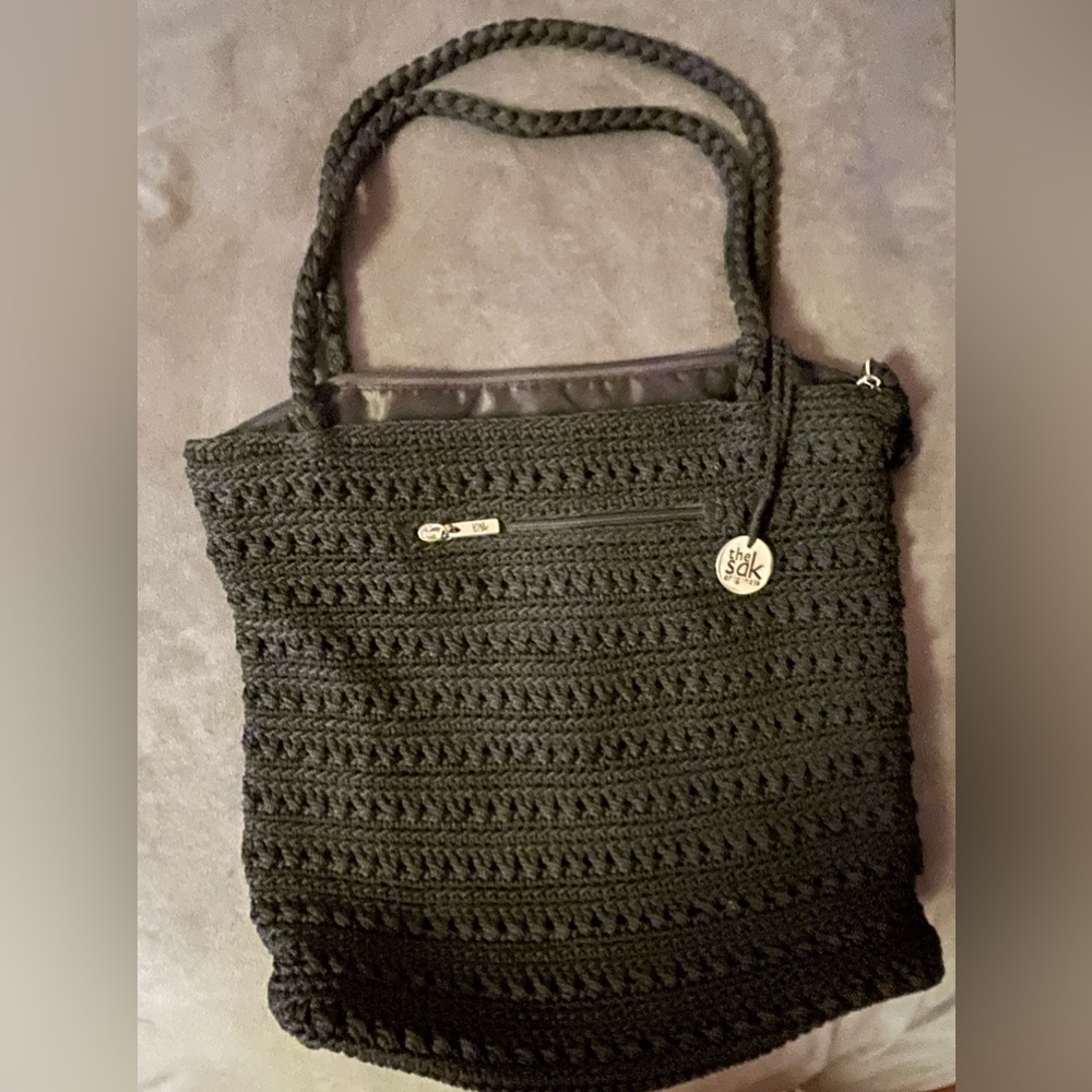 The Sak Black Crochet Knit Bohemian Shoulder Bag Zipper Boho Medium Size